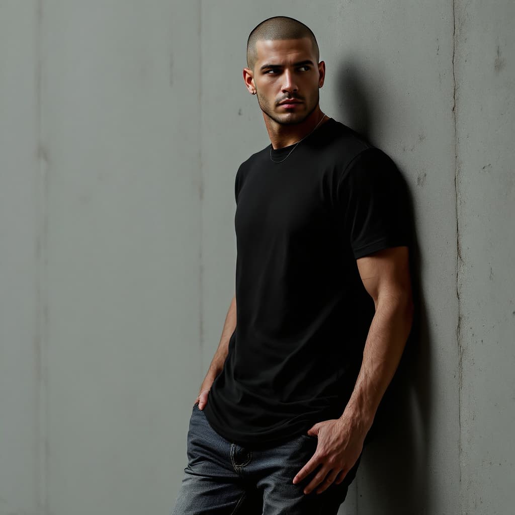 AI generated: Depict a male figure, black t-shirt with a shaved head, and jeans, leaning against a wall, stands in...