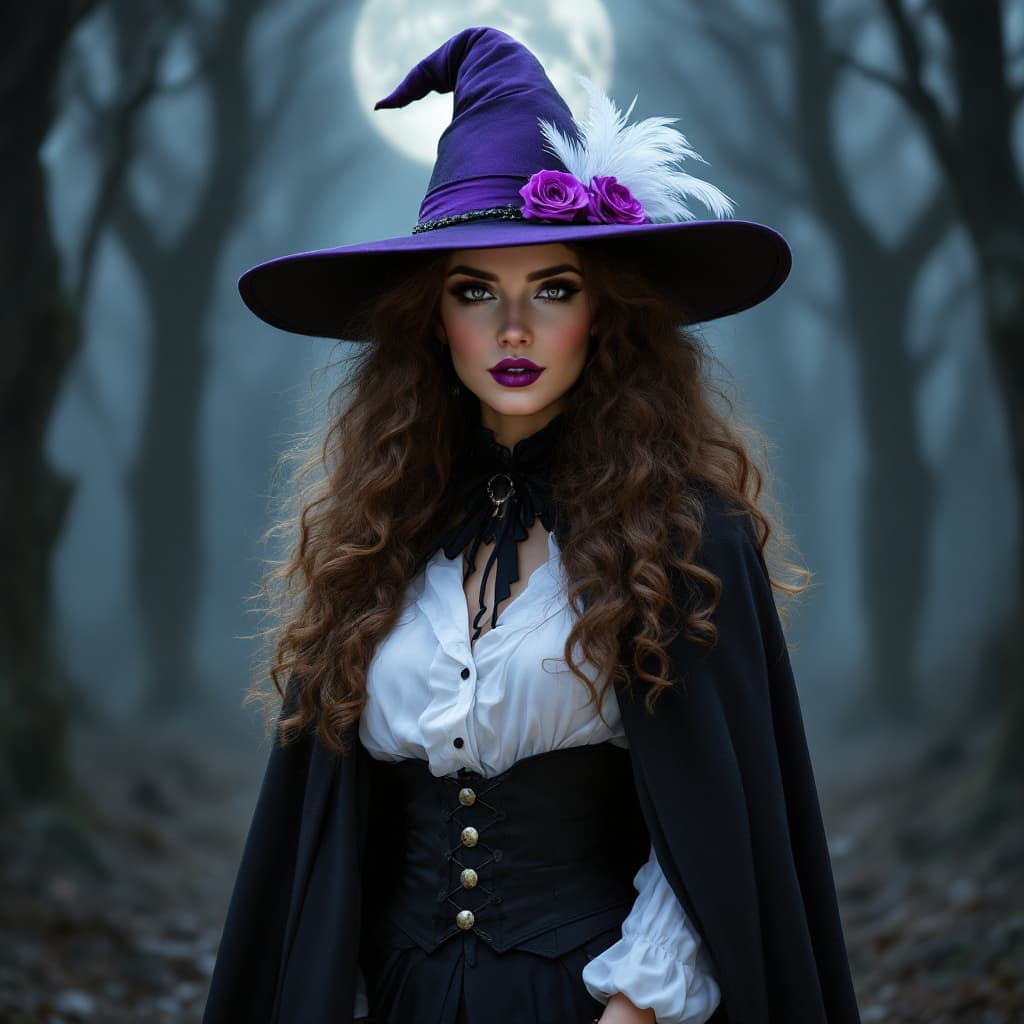 AI generated: Professional cinematic body shot of a Witch with curly brown hair wearing a purple hat with a white ...