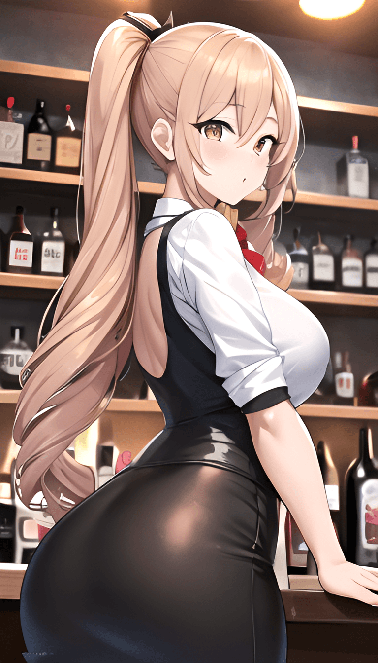 AI generated: An anime girl working as a bartender, bar, bartender outfit, 26 years old, bar, beer bottles in back...