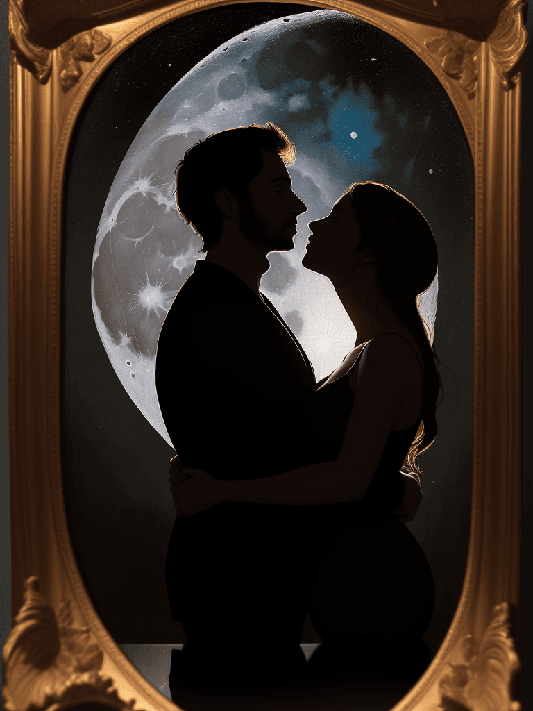 AI generated: Intimate scene as an oil painting of a couple standing together gazing up at the moon| Their silhoue...