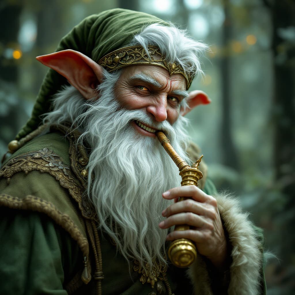 AI generated: happy male forest elf, musical bard playing panpipes, resembles santa clause with green clothes, ult...