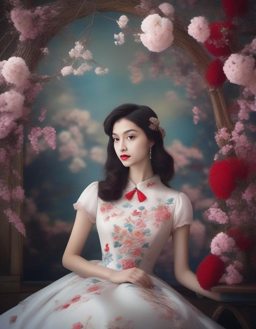 AI generated: Delicate beauty, sharp red lips, plum, pansy, wisteria, dreamlike fairytale, 1940s rococo, soft past...