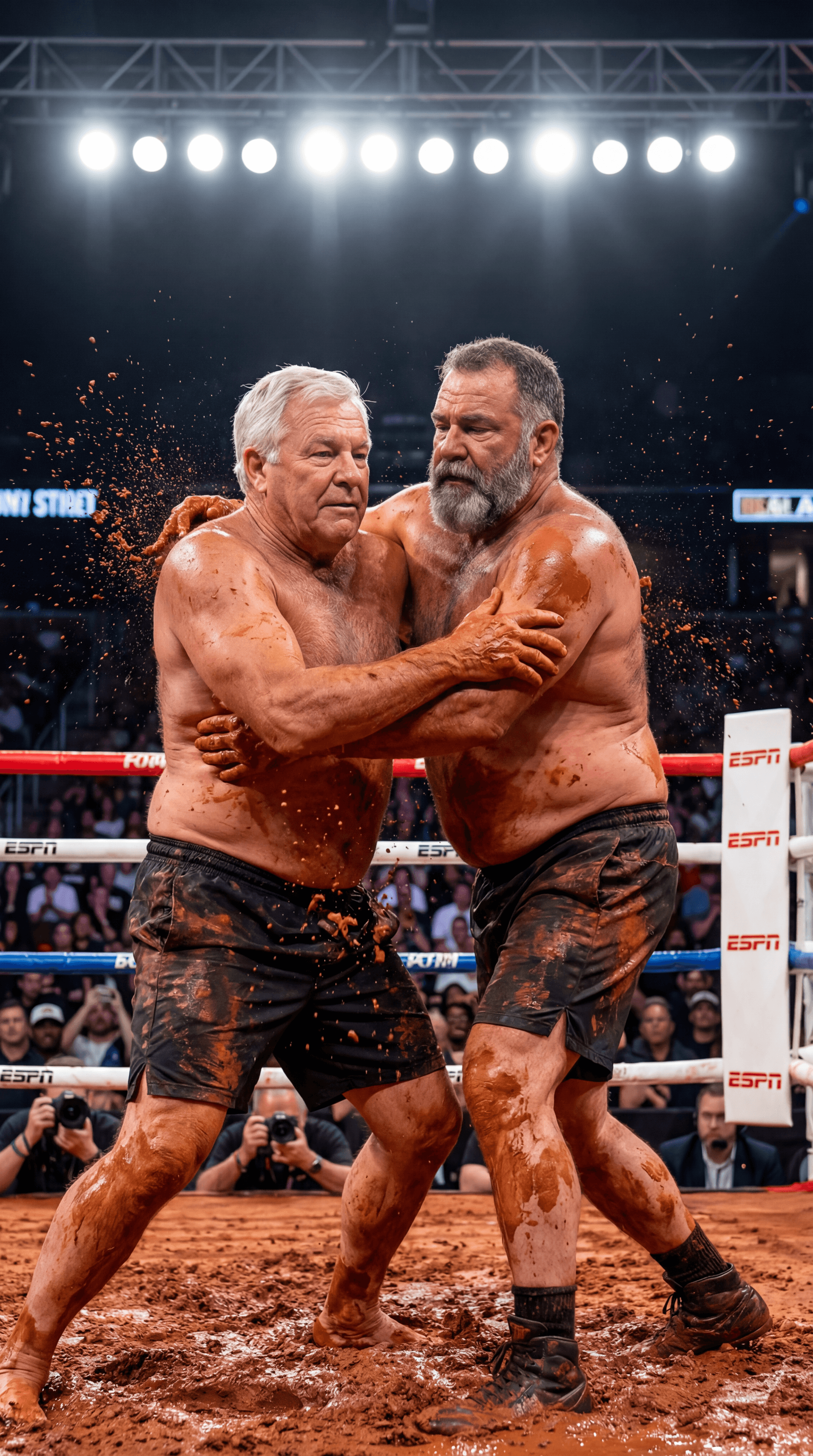 AI generated: PROFESSIONAL SPORTS BROADCAST PHOTOGRAPH — AMERICAN RED CLAY MUD WRESTLING — VERTICAL 9:16

ASPECT /...