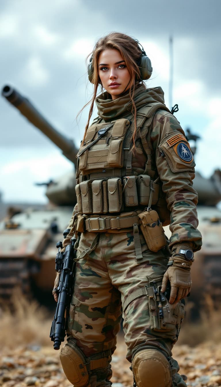 AI generated: nice female soldier standing behind an army TANK with military gear.fullbody
