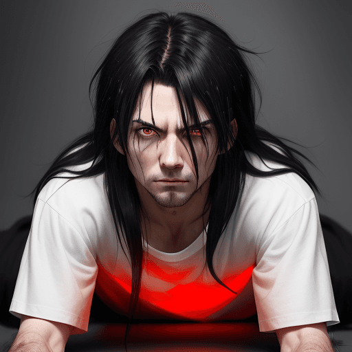 AI generated: 1boy, red_pupils, black_hair, long_hair, messy_hair, bangs, hair_between_eyes, stubble, eyebrows_vis...