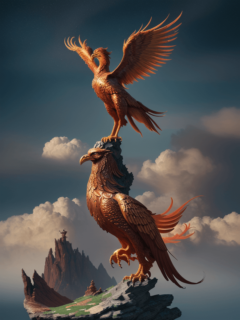 AI generated: A majestic phoenix with vibrant plumage, its fiery wings spread wide, golden feathers illuminating a...
