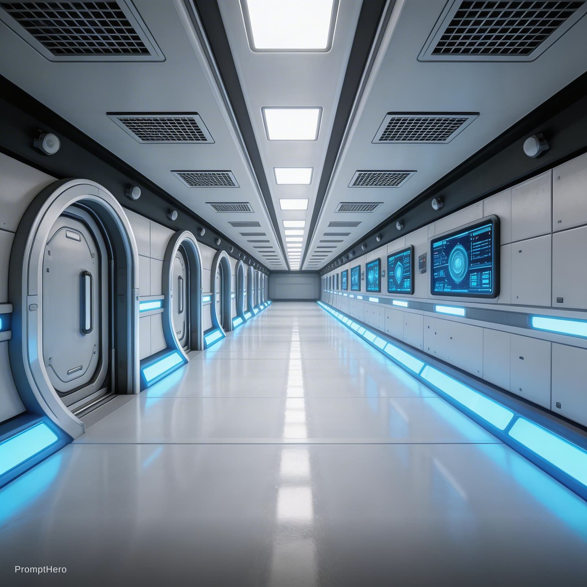 AI generated: Sci-Fi scene. Combind elements of these two reference images. Wall shap and composition, floor light...