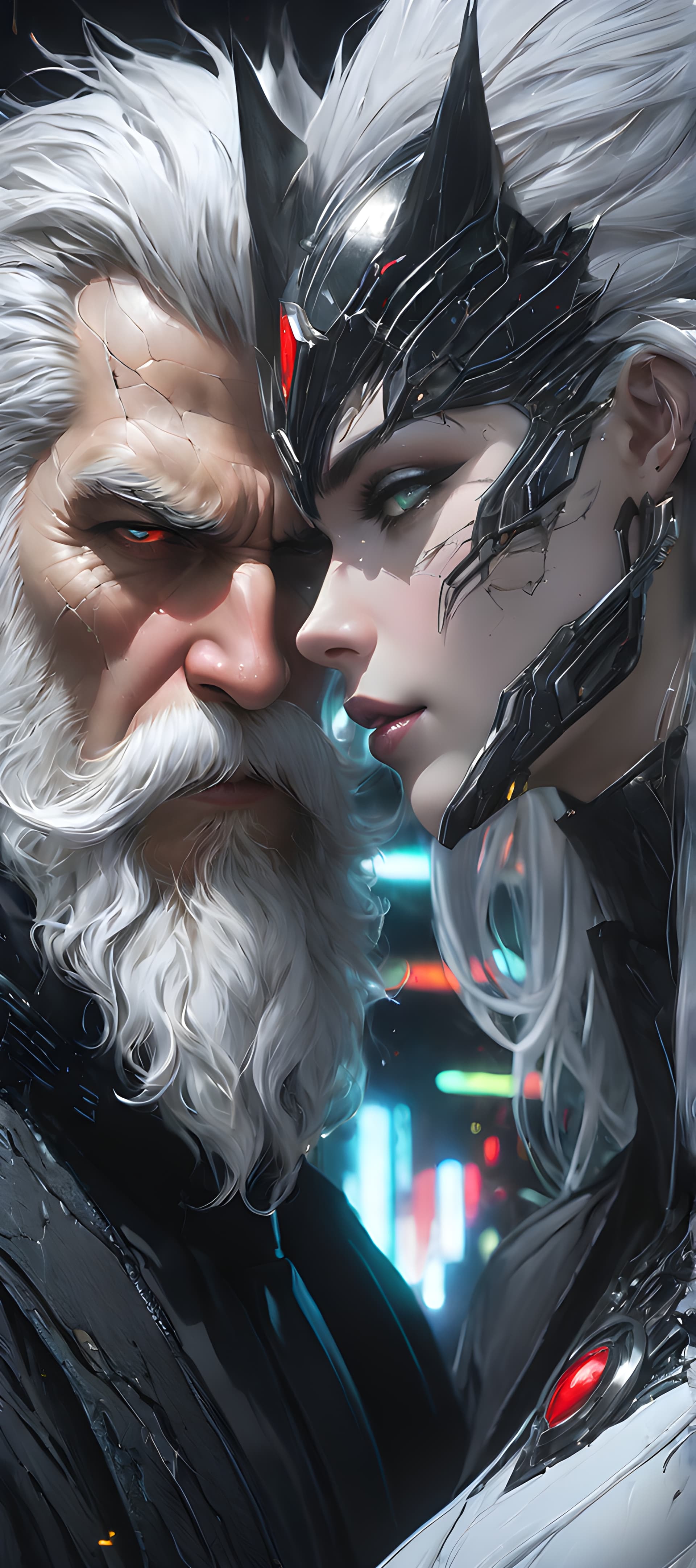 AI generated: Retro-Futuristic, Art Nouveau, Cyberpunk, double exposure. Two parts in one art. Detailed splatter d...