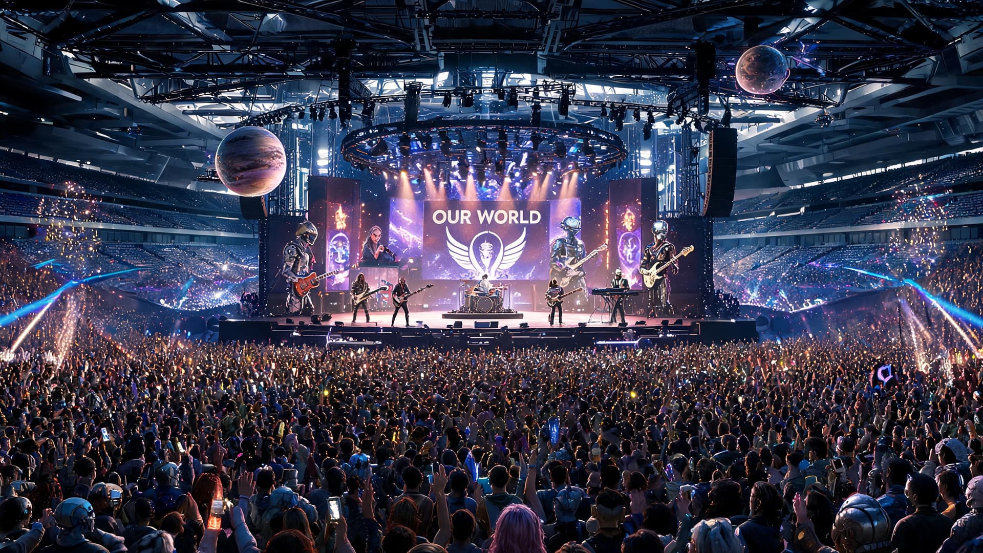 AI generated: Use the uploaded concert arenas as the reference image. Preserve the exact camera angle, stage layou...