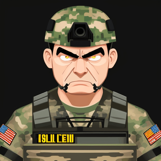 AI generated: vector illustration, solder, tactical equipment, angry, watching at camera, cartoon