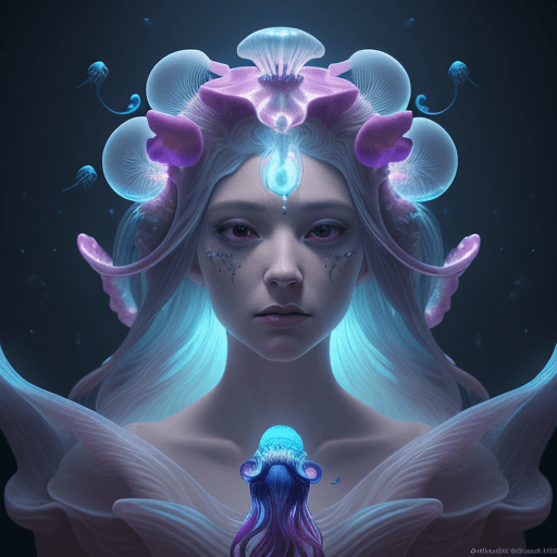 AI generated: Goddess close-up portrait ribcagel. jellyfish phoenix head, nautilus, orchid, skull, betta fish, bio...