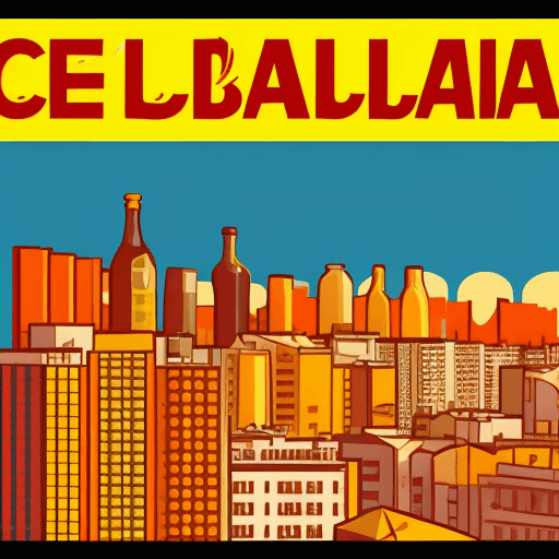 AI generated: Barcelona Skyline, celtia beer, bar terrace with beers, sun and beach, orange, yellow and red colors...