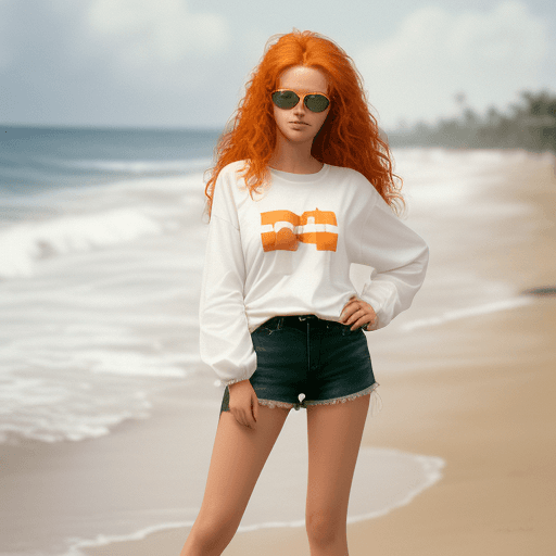 AI generated: hyperrealist female model, middle  wavy hair, orange hair, epic sunglasses, standing with her back t...