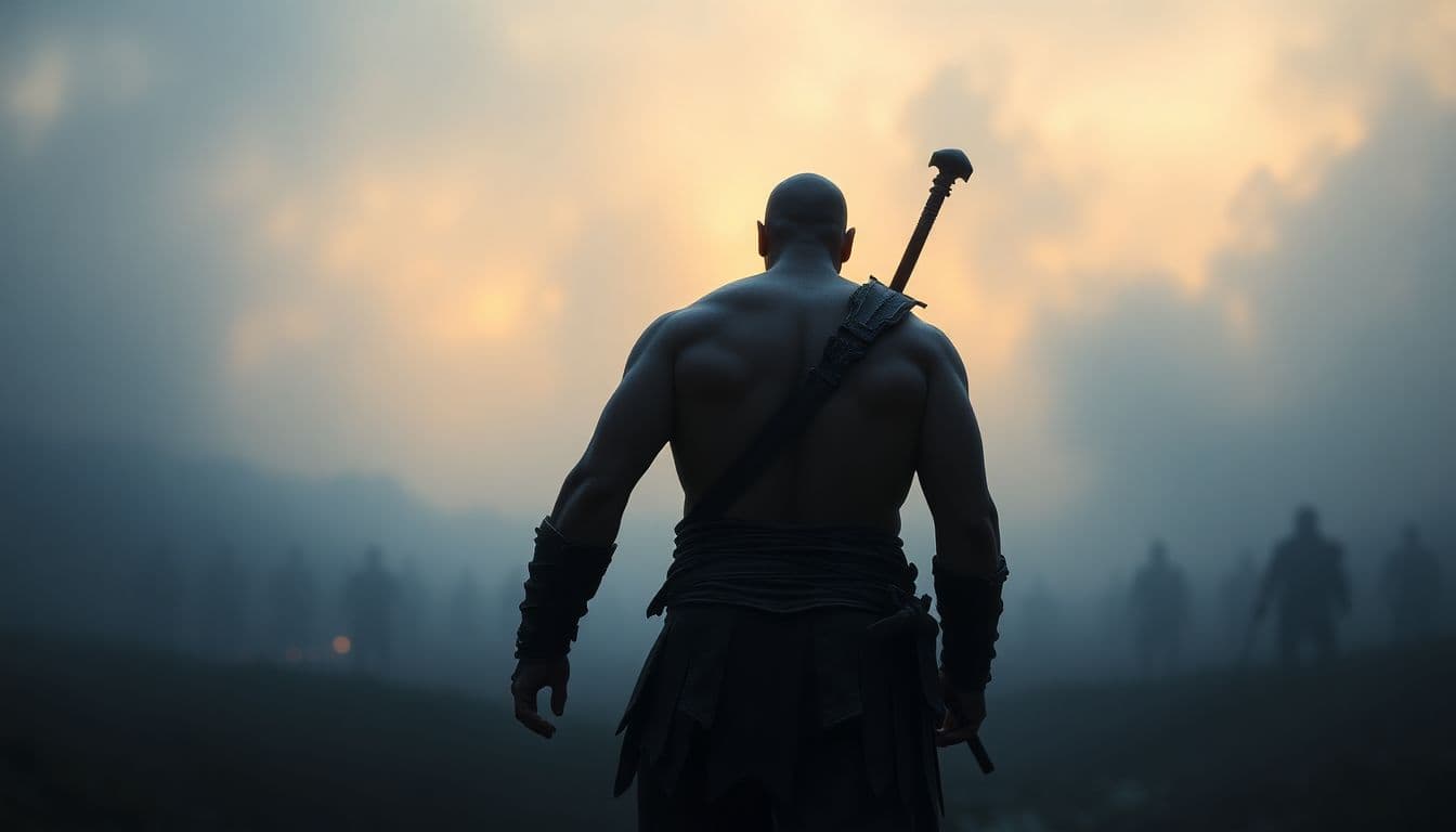 AI generated: The warrior walking away into a battlefield shrouded in mist, his muscular back illuminated.
