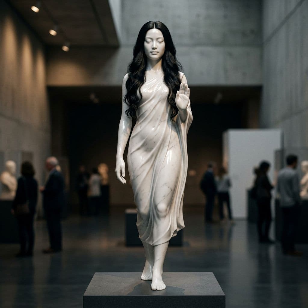 AI generated:  「A museum-poster-quality fine art photograph of a photorealistic white marble female statue inspire...