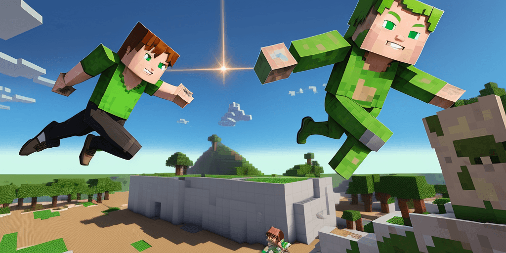 AI generated: minecraft style character boy jumping up in the air shooting laser gun in the jump, feet of the grou...