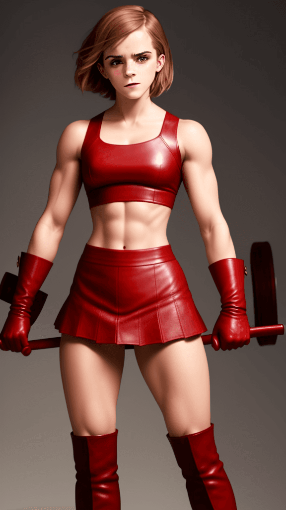 AI generated: Emma Watson as strong muscular woman, toned biceps, wears red Leather skirt, red Leather Gloves and ...