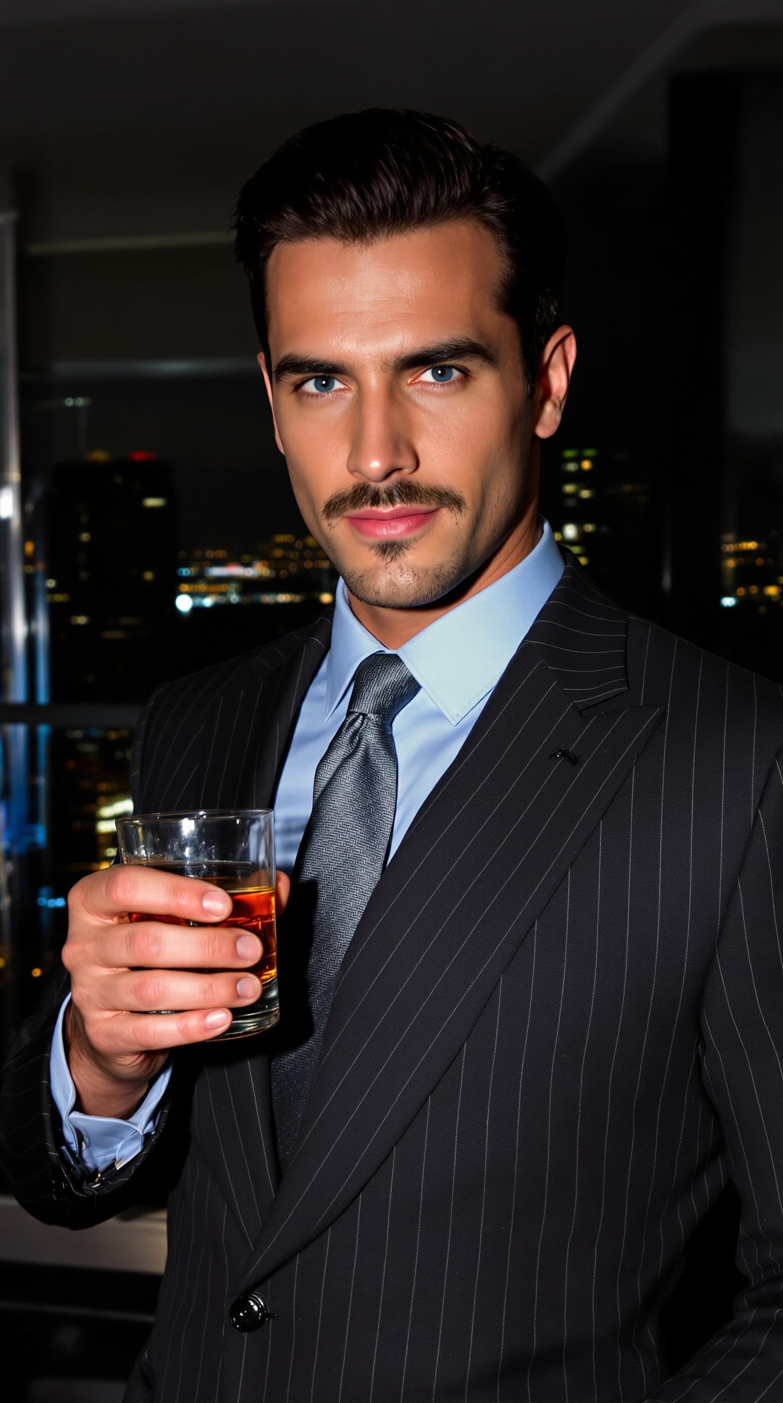 AI generated: A hyper-realistic portrait of a suave secret agent inspired by Sterling Archer; chiseled jawline; da...