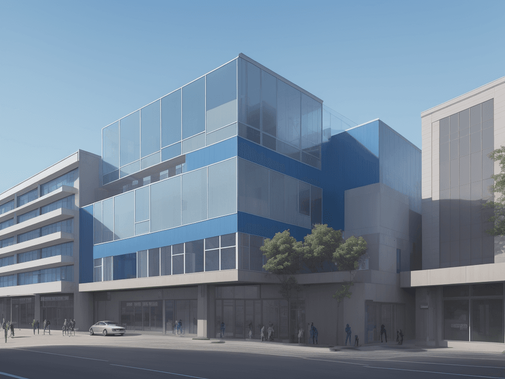 AI generated: Three-story building, facade all in blue glass, small, corporate, modern minimalist architecture, co...