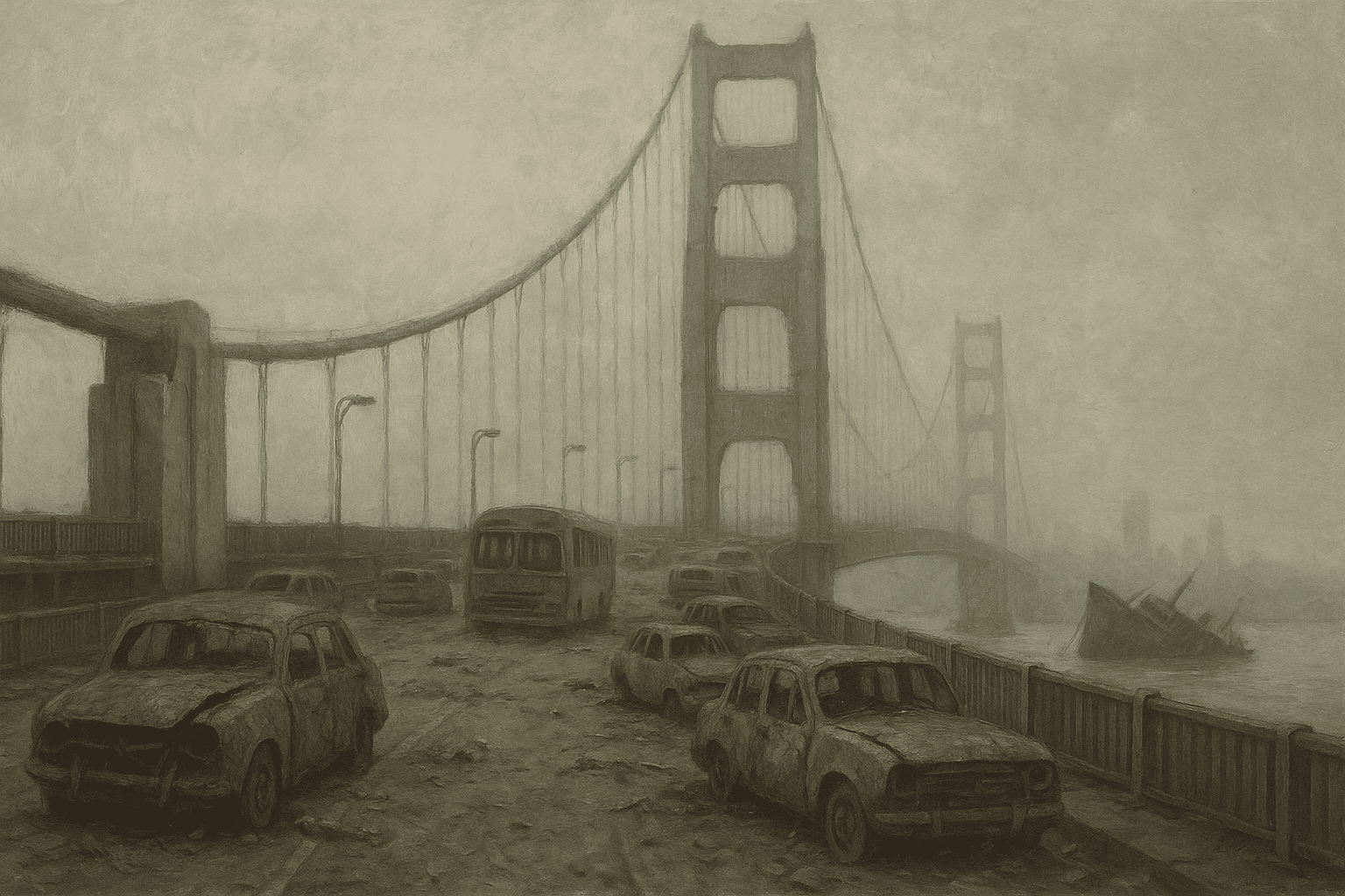 AI generated: A desolate, post-apocalyptic Golden Gate Bridge, rendered in a muted, painterly style with visible b...