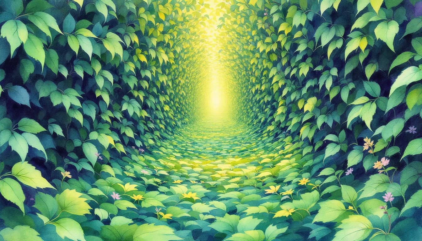AI generated: water color painting, a straight infinite tunnel of dense greeneries, no details, crude brush stroke...