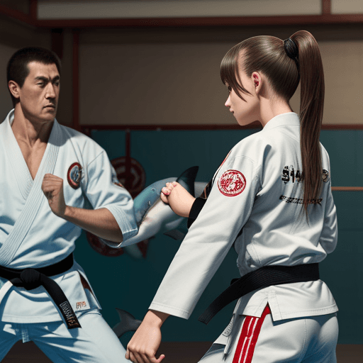 AI generated: Beautiful realistic shark in a karate dojo with a girl dancing dressed with a karate equipment