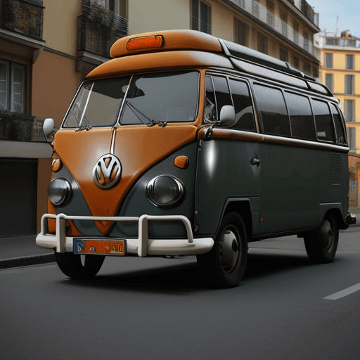 AI generated: Foto a 1973 classic German Van Volkswagen painted in dark orange in profile view. There are 6 suitca...