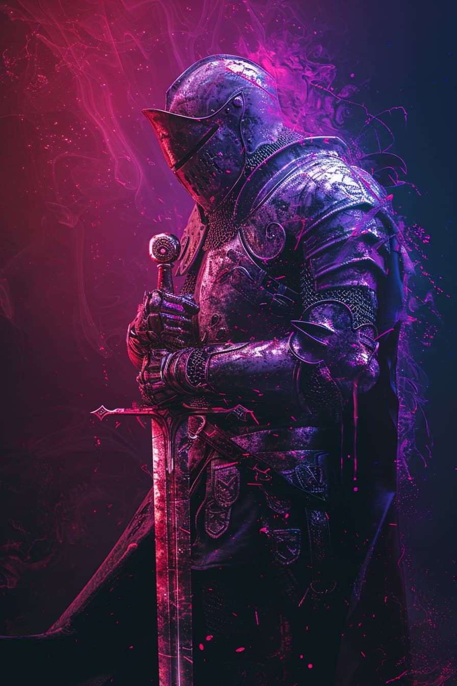 AI generated: a digital art drawing of a medieval knight wielding a one handed sword in front of him, Red and purp...