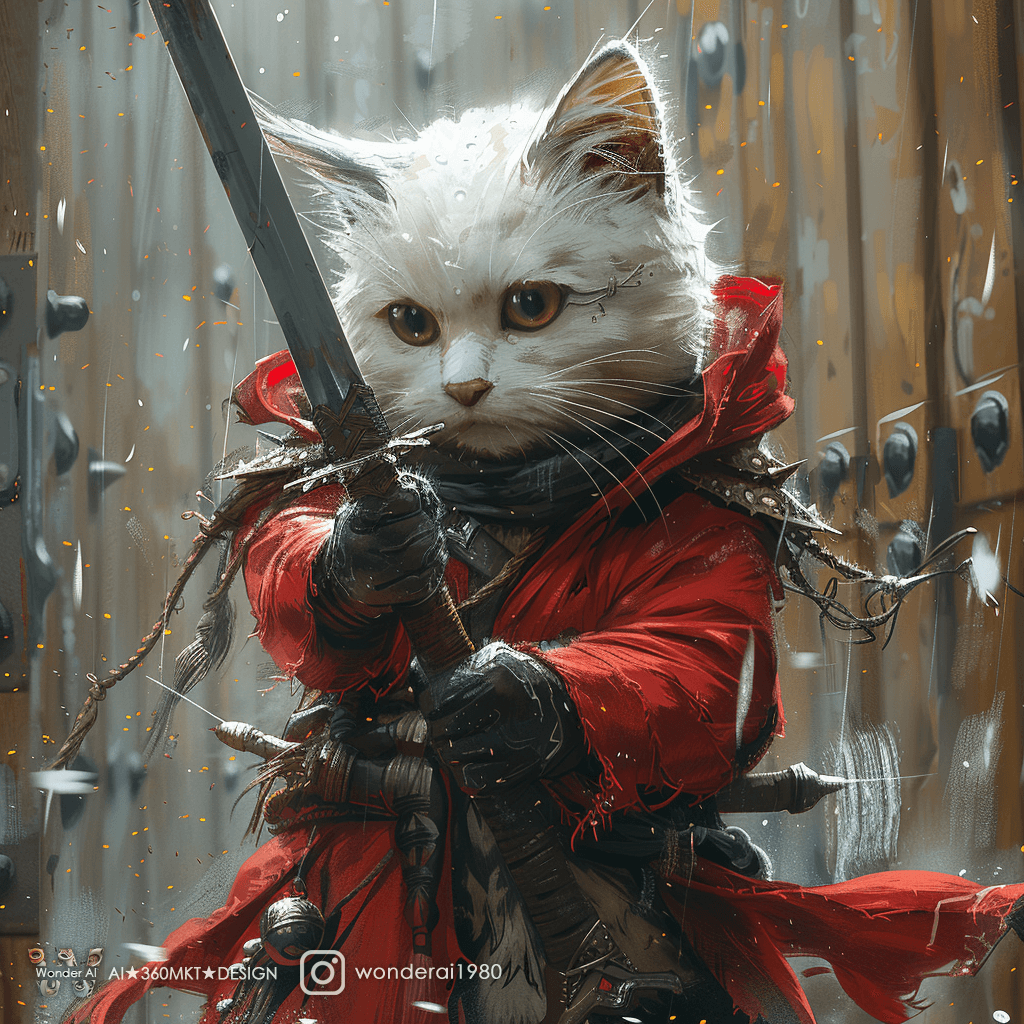 AI generated: fantasy illustration of a cat holding a sword, in the style of krenz cushart, utilitarian, skottie y...