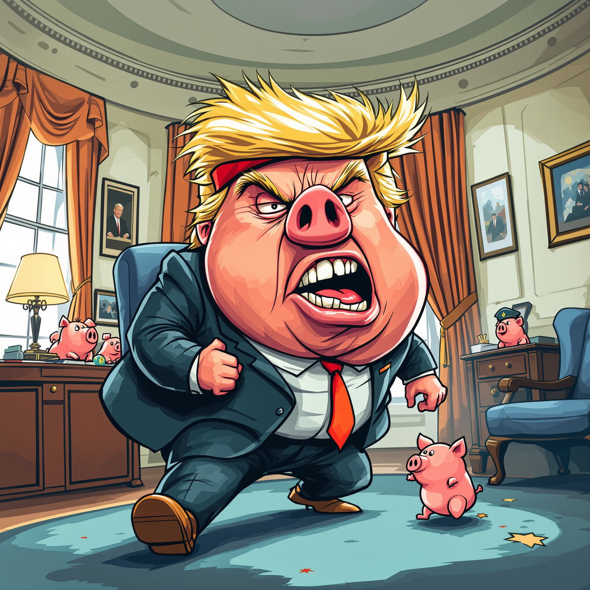 AI generated: funny caricature, angry president of the United States caricature, animated pig, ageless, with deep ...