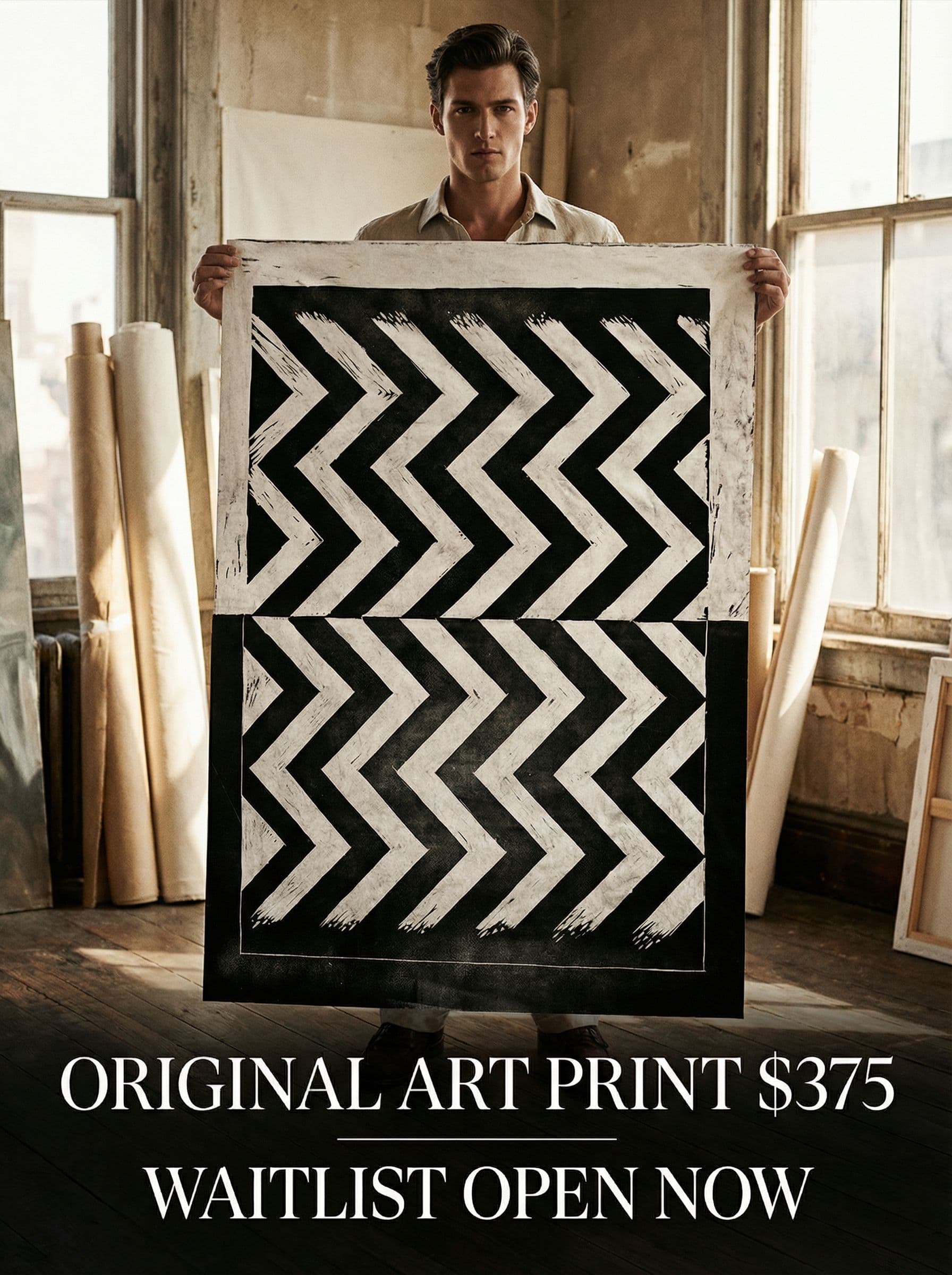 AI generated: Create a horizontal graphic design ad using this included original art print I made, price is $ 375,...