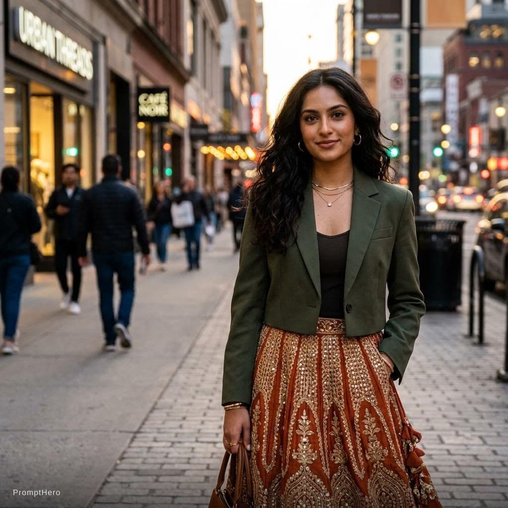 AI generated: Beautiful Indo-Western young woman with a natural blend of Indian and American features, warm wheati...