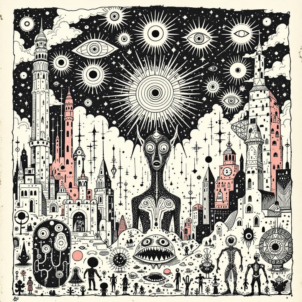 AI generated: a drawing of an alien character surrounded by symbols and shapes, ink on old paper, surrealism, mult...