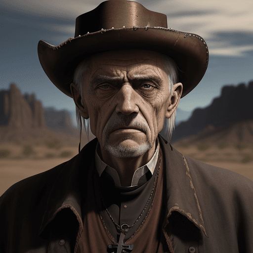 AI generated: a sad looking old priest, with a shotgun, wild west style, 8k