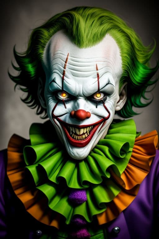 AI generated: Pennywise, Joker, one supervillain laughing and gloating, detailed face, bright green hair, maximali...