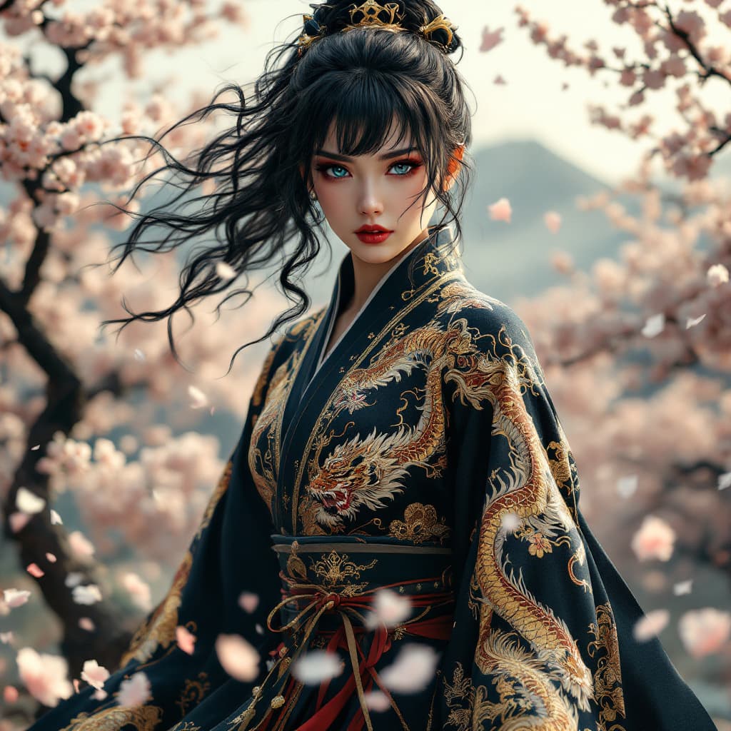 AI generated: a extremely realistic and  beautiful and physically fit Japanese kunoichi, with  curly jet black hai...