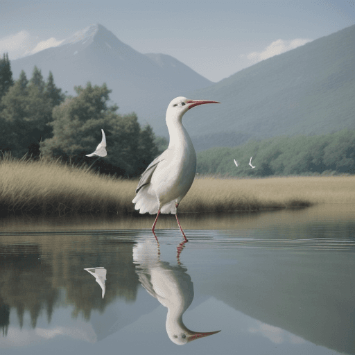 AI generated: bird with long legs stay in the lake, anime style