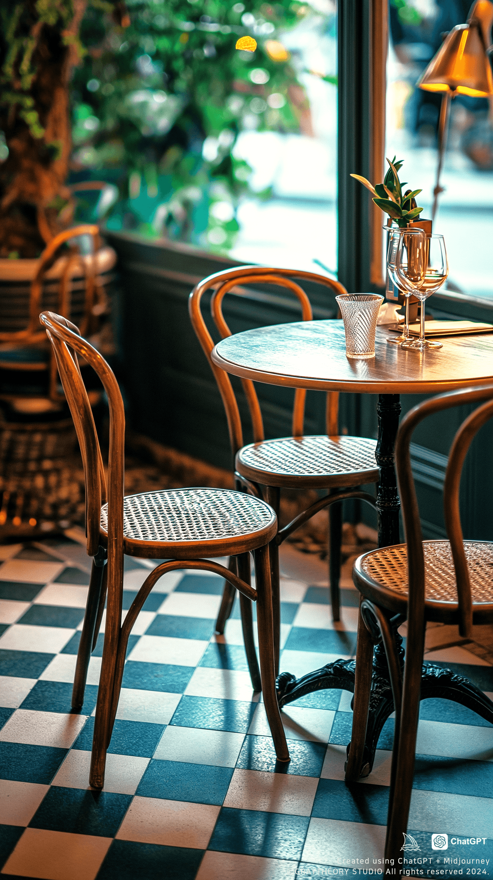 AI generated: candid shot, design a classic French bistro with a Leica Q2, 28mm f/1.7 lens. Showcase vintage furni...