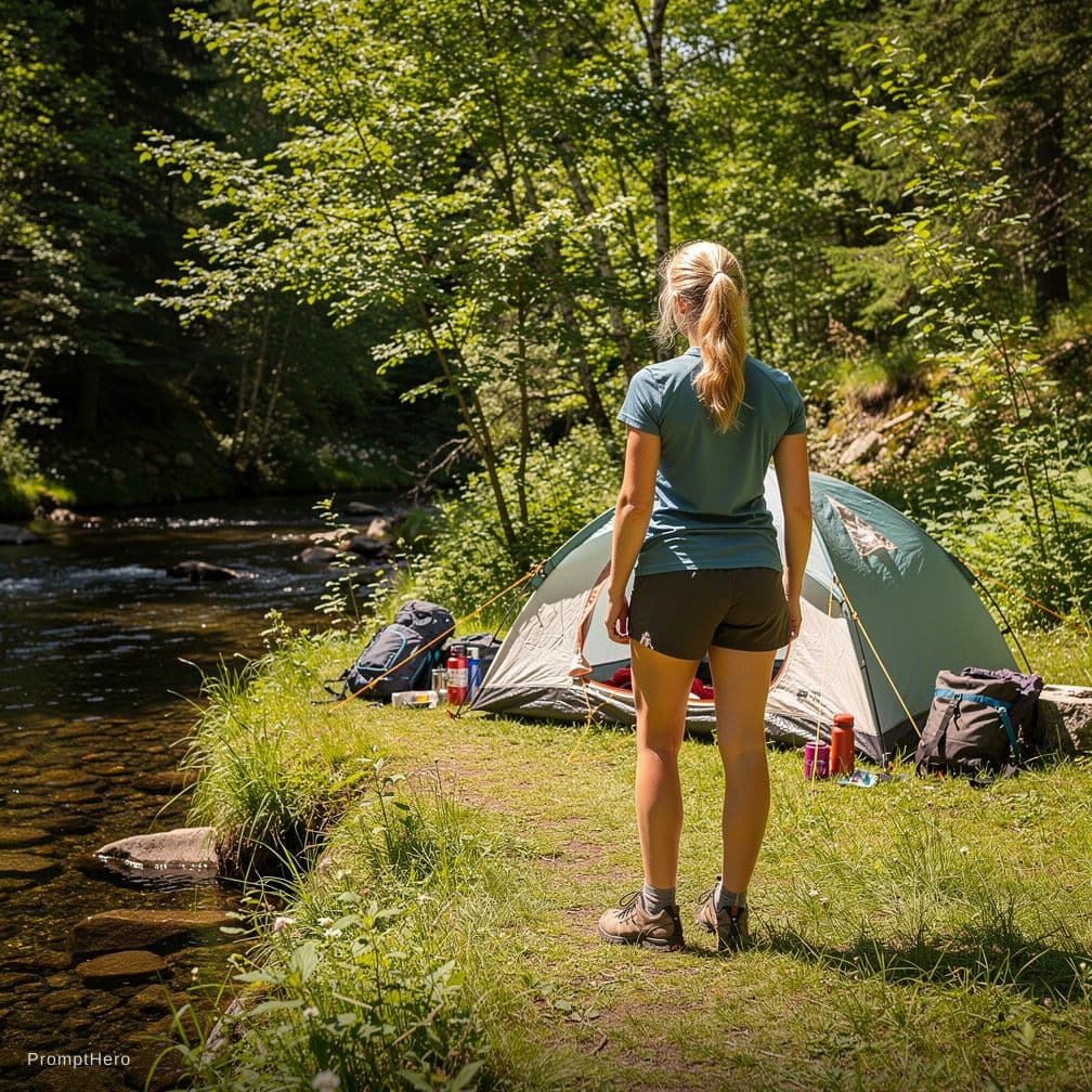 AI generated: a young camper, blonde. big breasts. she is totally (naked: 1.5). back to the camera full length bod...