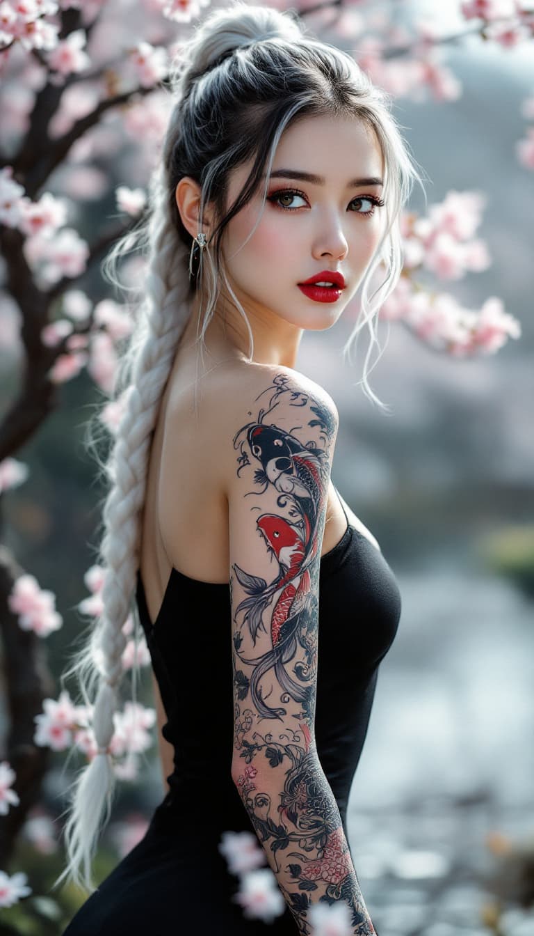 AI generated: Hyperrealistic full body portrait of stunning Korean kpop idol with white braided ponytail, full sle...