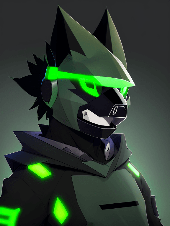 AI generated: mostly green Protogen headshot furry; zigzag mouth,  simple black complete protogen face visor; head...
