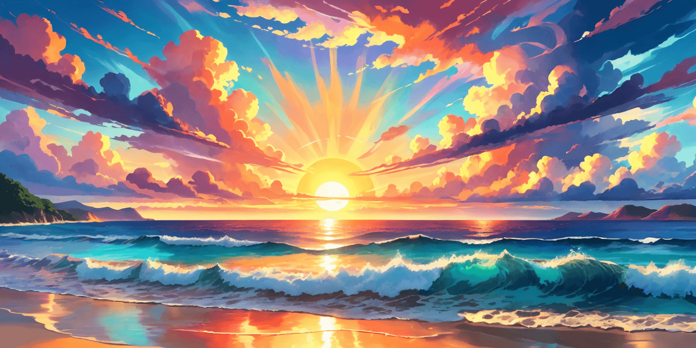 AI generated: a multicolored sunset over the ocean, with a cloudy sky, cinematic, epic, beautiful, dramatic ambien...