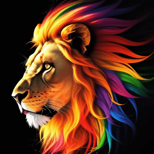 AI generated: Lion, the head of a lion in a multi-colored exploding rainbow flame. Abstract multicolored profile p...