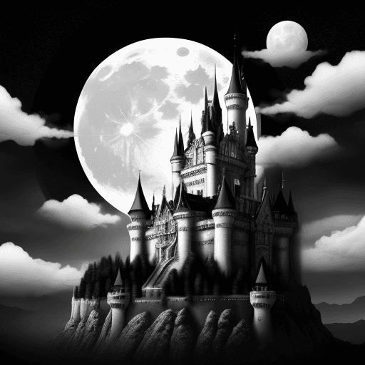 AI generated: This background depicts a large castle in the Gothic style, a large moon, clouds, in black and white...