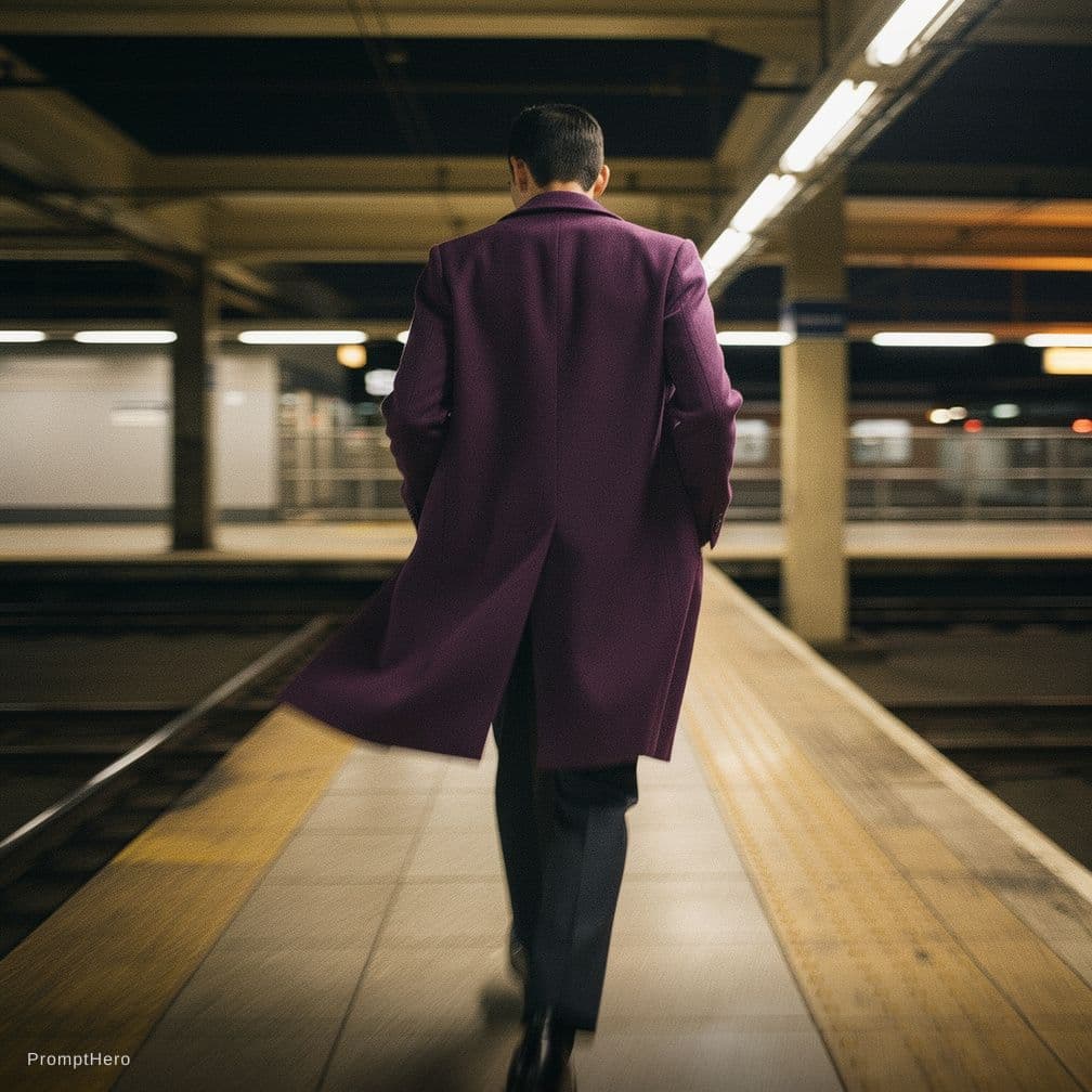AI generated: fashion editorial photography, motion blur, male model, wearing an wool coat, deep purple color, wal...