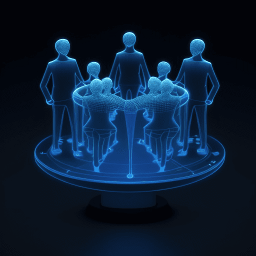AI generated: global Social network concept with 3d people on dark blue background, each of them light up, connect...