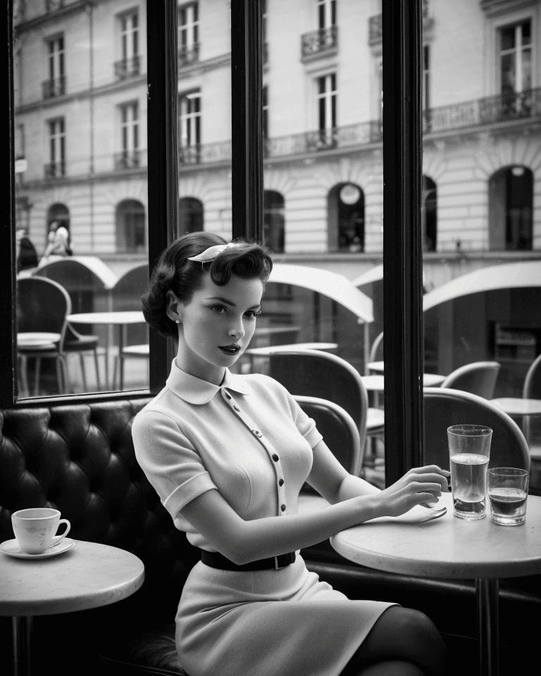 AI generated: Award-winning Black and white fashion photography shoot, a female model from the 1950s sat in a Fren...