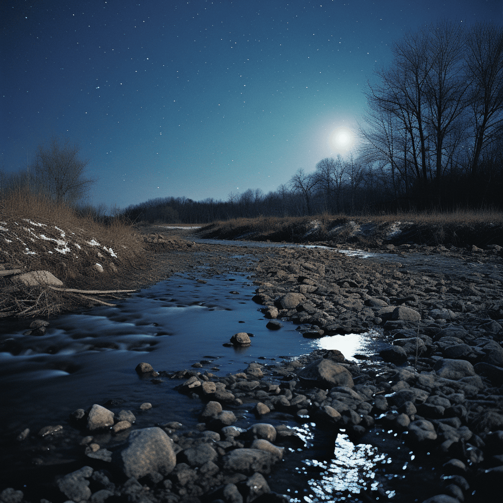 AI generated: Midnight sneak on hill rock river bank, full moon, Mysterious, pinpoint stars, Award - winning, port...