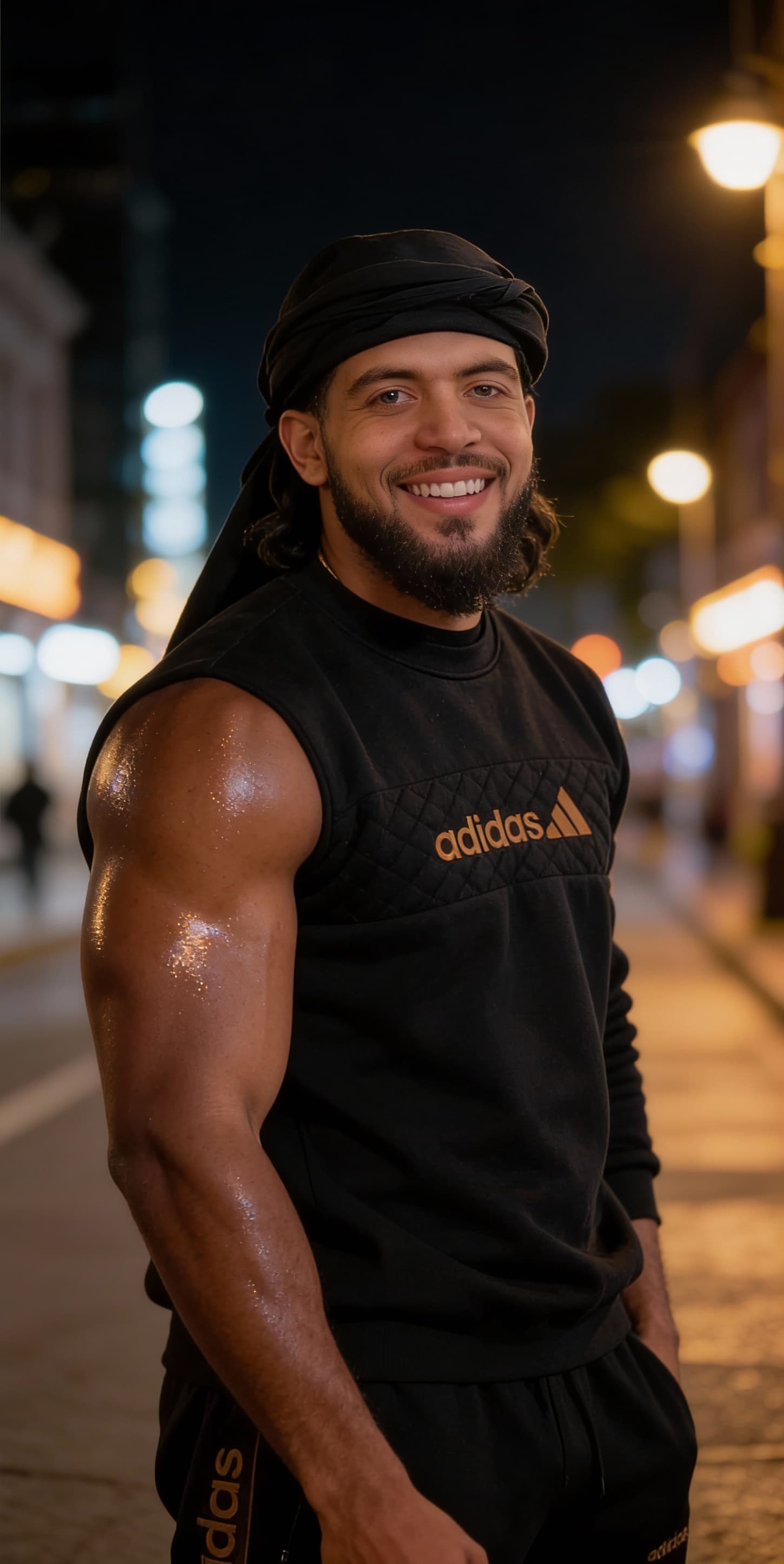 AI generated: A cinematic, close-up portrait of a muscular African bold man in his 30s  on a street at night, with...