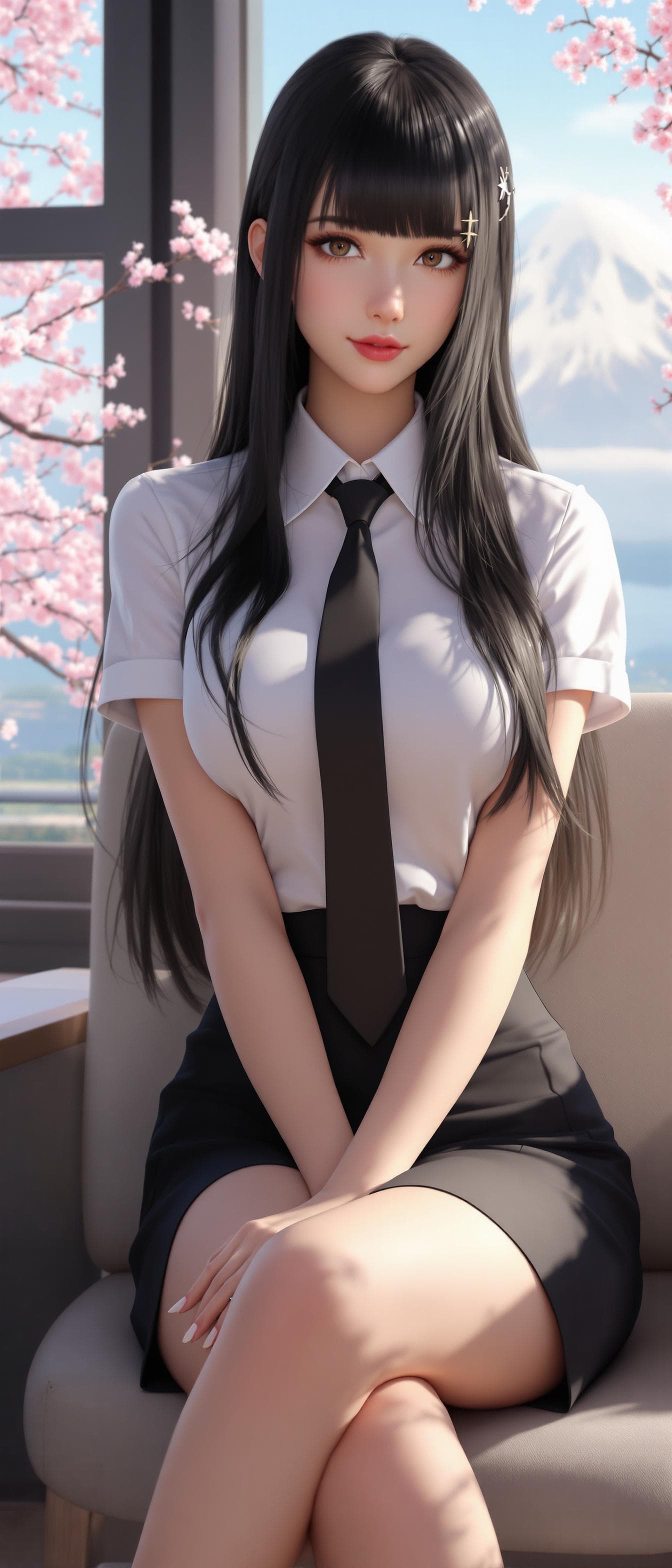 AI generated: 3D Render of a girl, mature, long black hair, hair ornament, bangs, secretary outfit, short sleeves,...